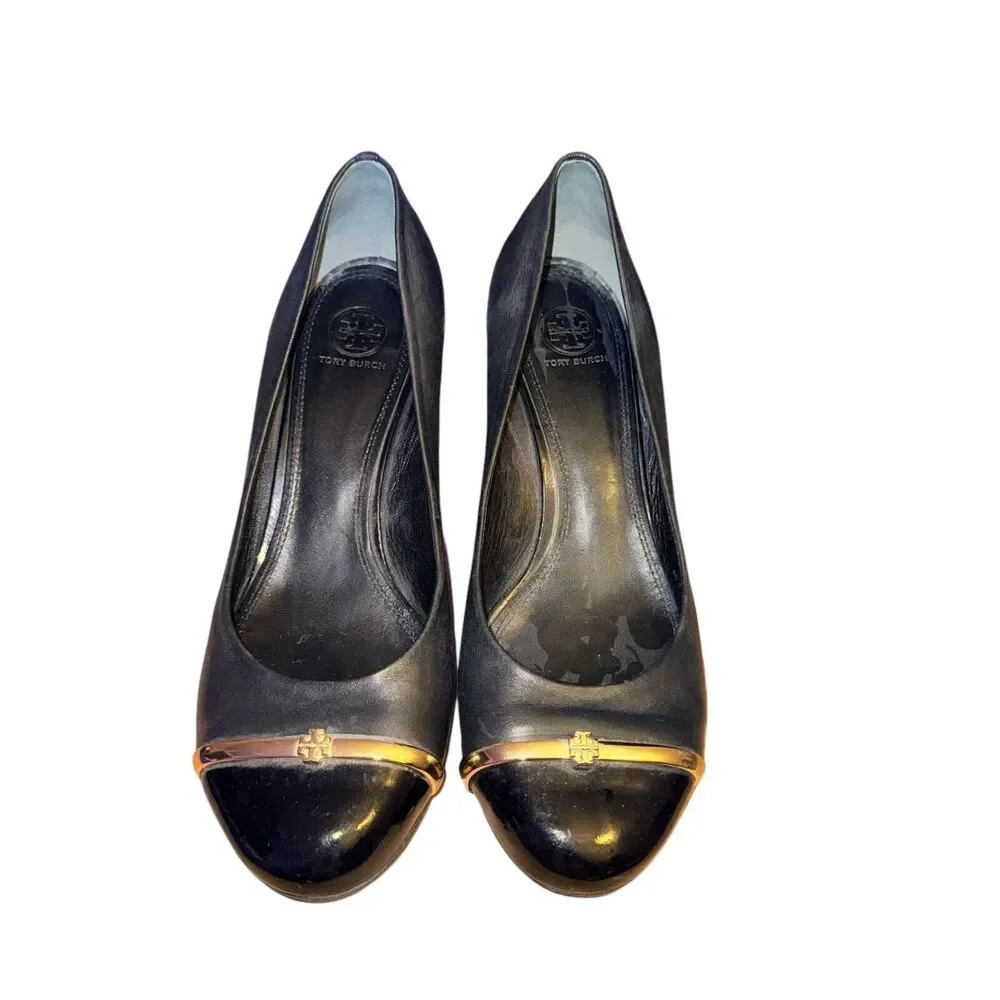 Tory Burch Pacey Wedge Heels Women's 10.5 M Black Leather Patent Cap Toe Shoes